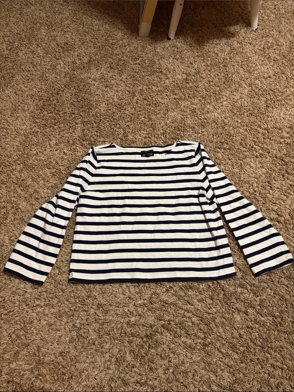 J Crew Striped Navy and White Bell-Sleeve Top Size L